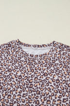 Khaki Leopard Ribbed Long Sleeve Top Drawstring Shorts 2pcs Outfit