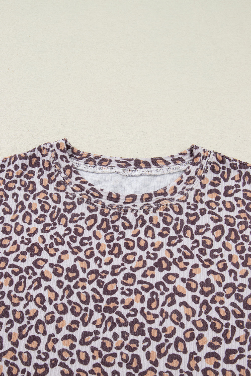 Khaki Leopard Ribbed Long Sleeve Top Drawstring Shorts 2pcs Outfit