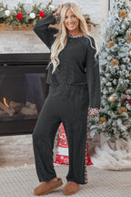 Carbon Grey Twisted Rib Texture Leopard Patchwork Detail 2pcs Pant Set