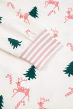 Pink Bow Christmas Tree Print Contrast Striped Banding 2pcs Lounge Set