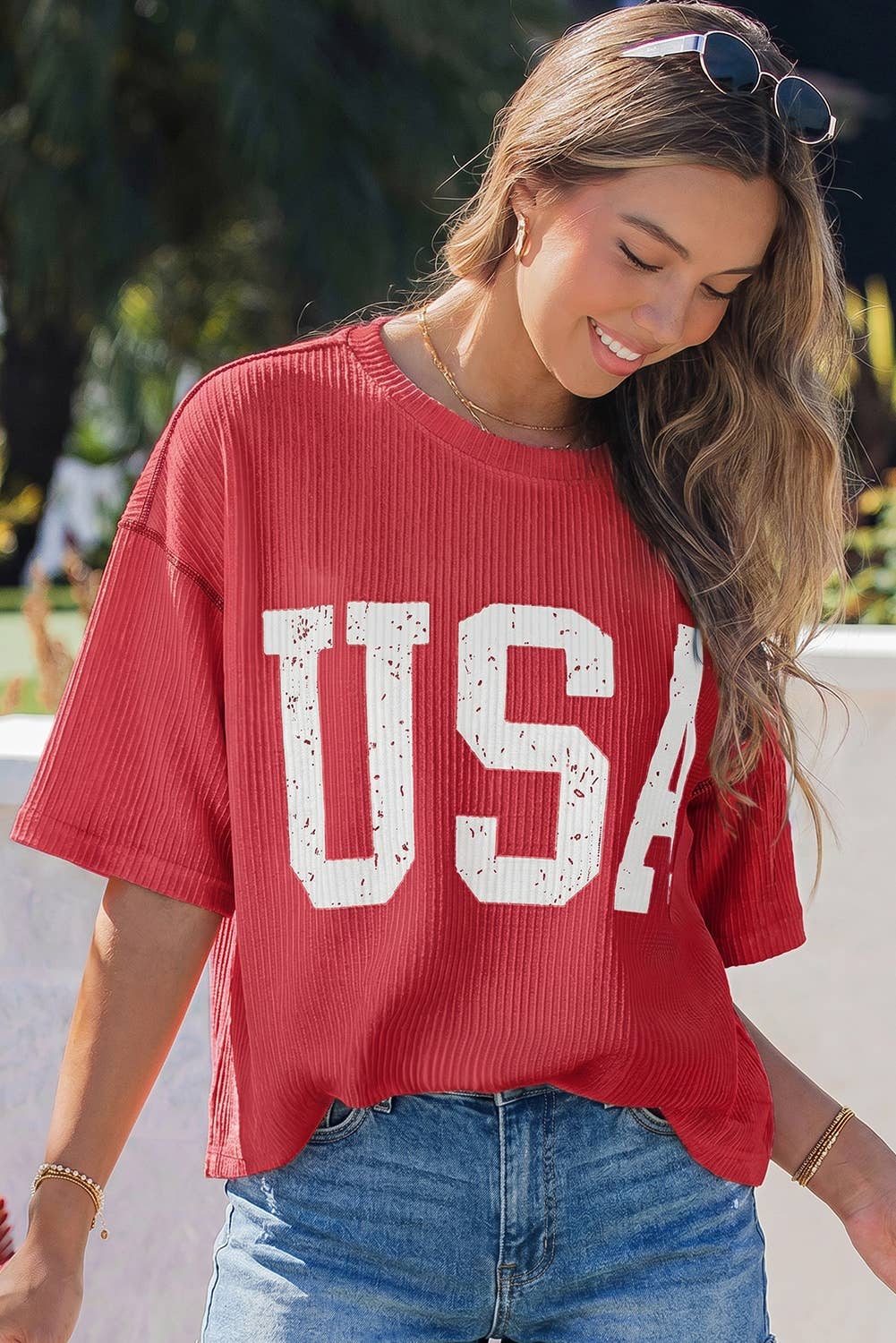 4th of July Loose Ribbed USA Graphic Top S-4X
