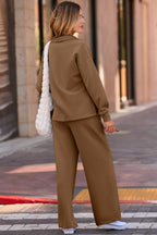 Coffee Solid Color V Neck Top and High Waist Pants Set