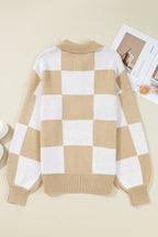Light French Beige Checkered Pattern Polo Collar Loose Sweater