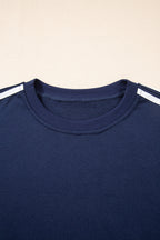 Dirty blue Varsity Striped Detail Crewneck Pullover Elastic Sweatpants 2pcs Outfit