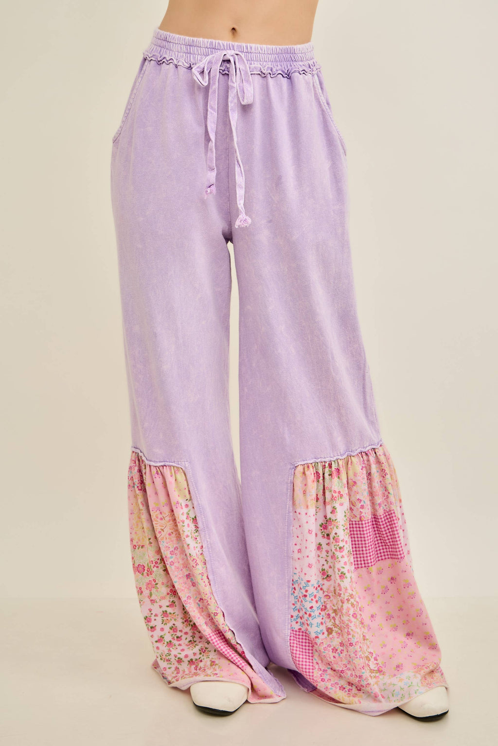 Mineral Washed Spring Picnic Print Ruffle Flare Pants HP7117
