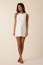 SOLID COLOR BOAT NECK SLEEVELESS A-LINE MINI DRESS