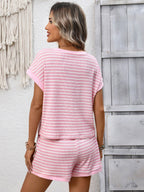 Striped Short Sleeve Top and Shorts Casual Lounge Set