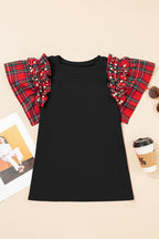 Black Plaid Pearl Ruffle Short Sleeve Loose T Shirt