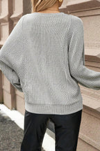 Gray Ribbed Knit Round Neck Long Lantern Sleeve Top
