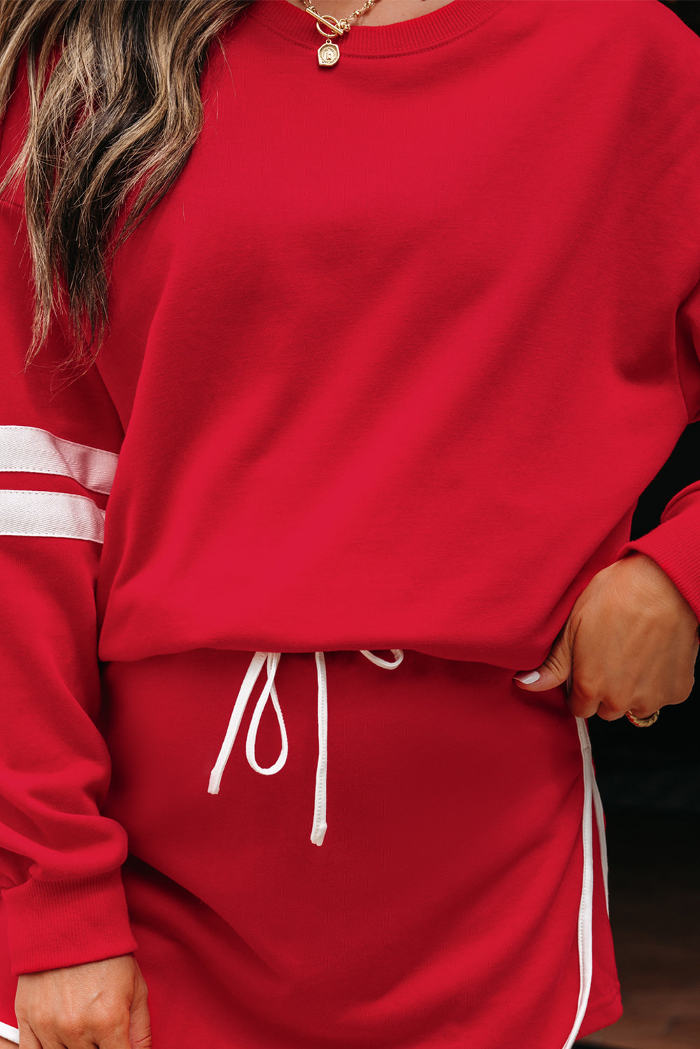 Fiery Red Varsity Stripe Detail Drop Shoulder Pullover Mini Skirt Set