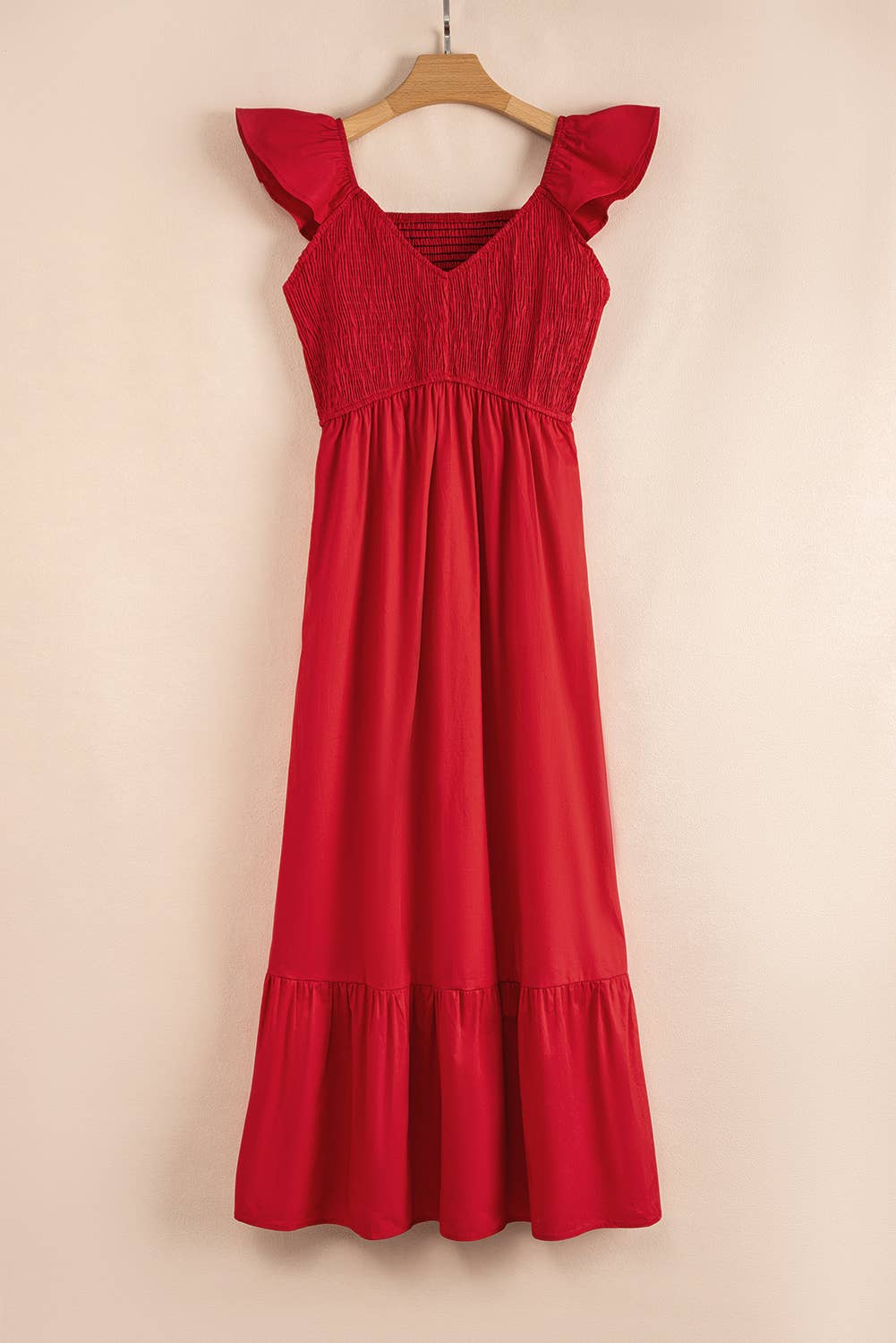 V Neck Smocked Bodice High Waist Ruffle Maxi Dress