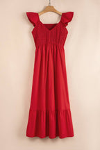 V Neck Smocked Bodice High Waist Ruffle Maxi Dress