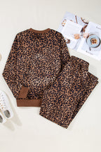 Coffee Leopard Print Contrast Trim Long Sleeve Top and Pants Set