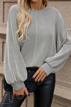 Gray Ribbed Knit Round Neck Long Lantern Sleeve Top