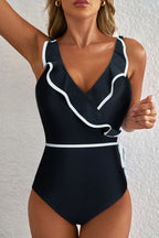 Black Color Contrast Ruffled Wrap V Neck Swimsuit