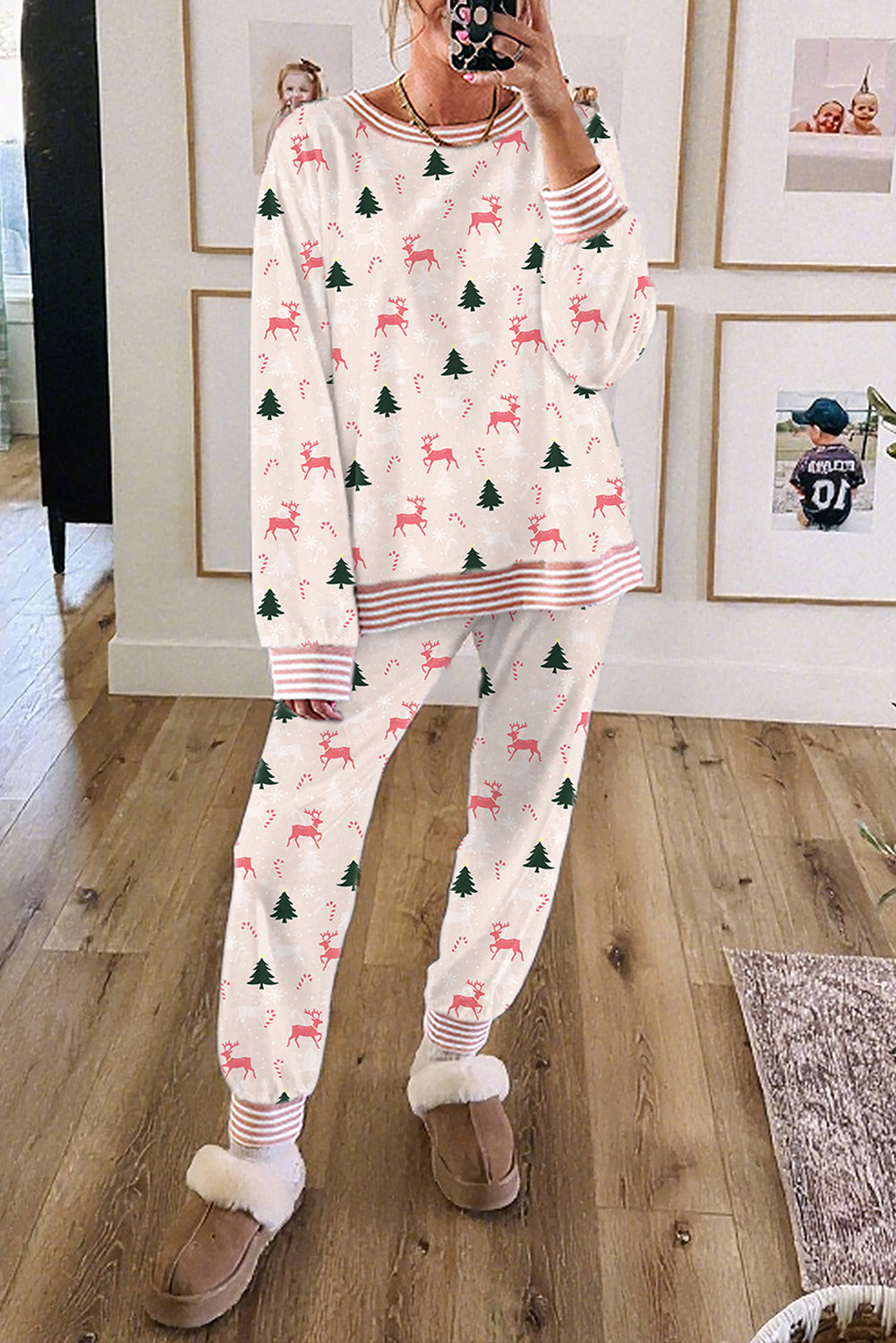 Pink Bow Christmas Tree Print Contrast Striped Banding 2pcs Lounge Set
