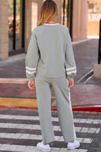 Gray Varsity Stripe Patchwork Puff Sleeve Pullover Drawstring Wide Leg Pant Set