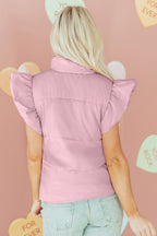 Pink Stand Neck Flutter Sleeve Snap Button Puffer Vest
