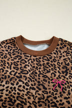 Coffee Leopard Print Contrast Trim Long Sleeve Top and Pants Set