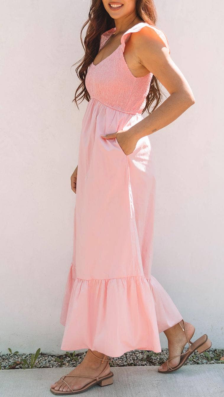 V Neck Smocked Bodice High Waist Ruffle Maxi Dress