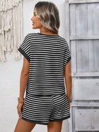 Striped Short Sleeve Top and Shorts Casual Lounge Set