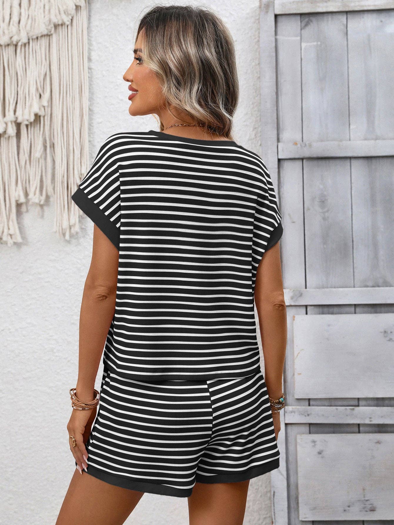 Striped Short Sleeve Top and Shorts Casual Lounge Set