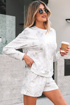 Beige Camo Print Pullover Top and Elastic Waist Casual Short Set