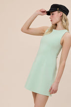 SOLID COLOR BOAT NECK SLEEVELESS A-LINE MINI DRESS
