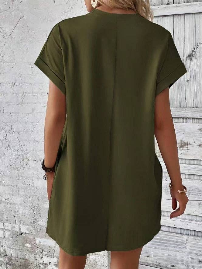 Relaxed Fit Cotton Short Sleeve Pocket Dress for Summer