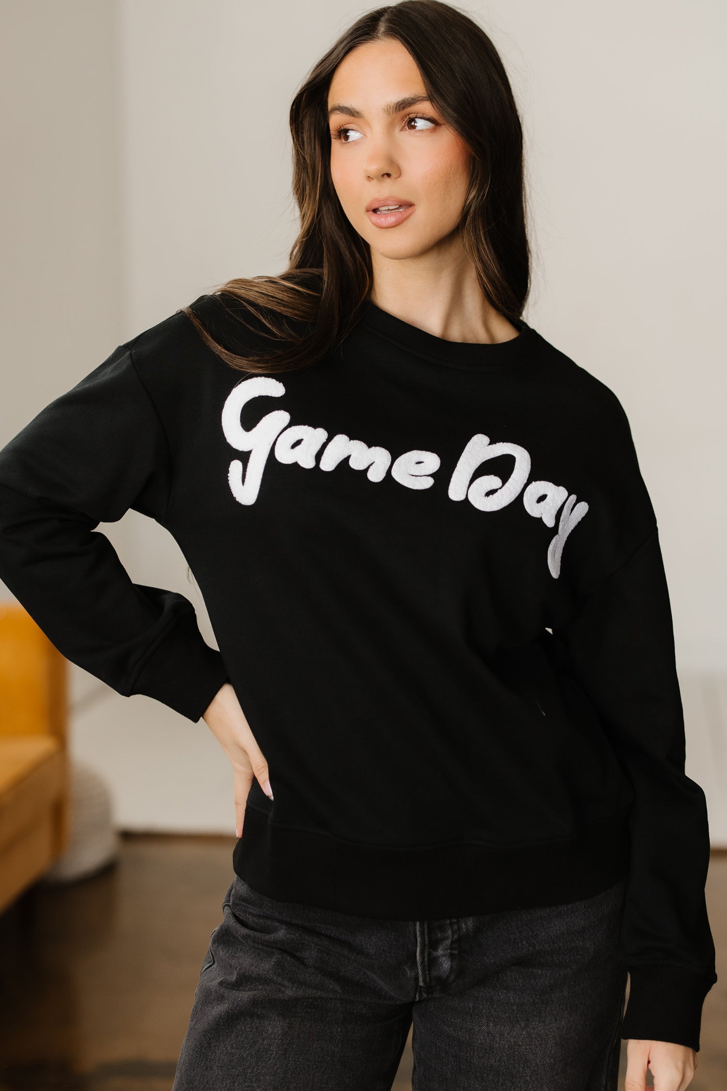 Black Chenille Game Day Graphic Drop Shoulder Sweatshirt