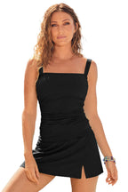 Black Solid Square Neck Sleeveless Tankini Swimsuit