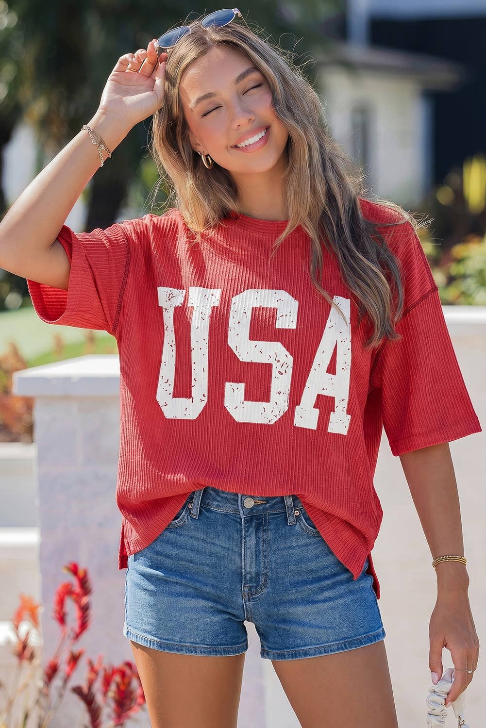 4th of July Loose Ribbed USA Graphic Top S-4X