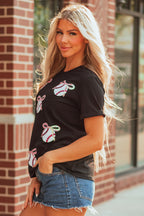 Black Shimmering Sequin Bow Ball Patterned Game Day Casual Tee
