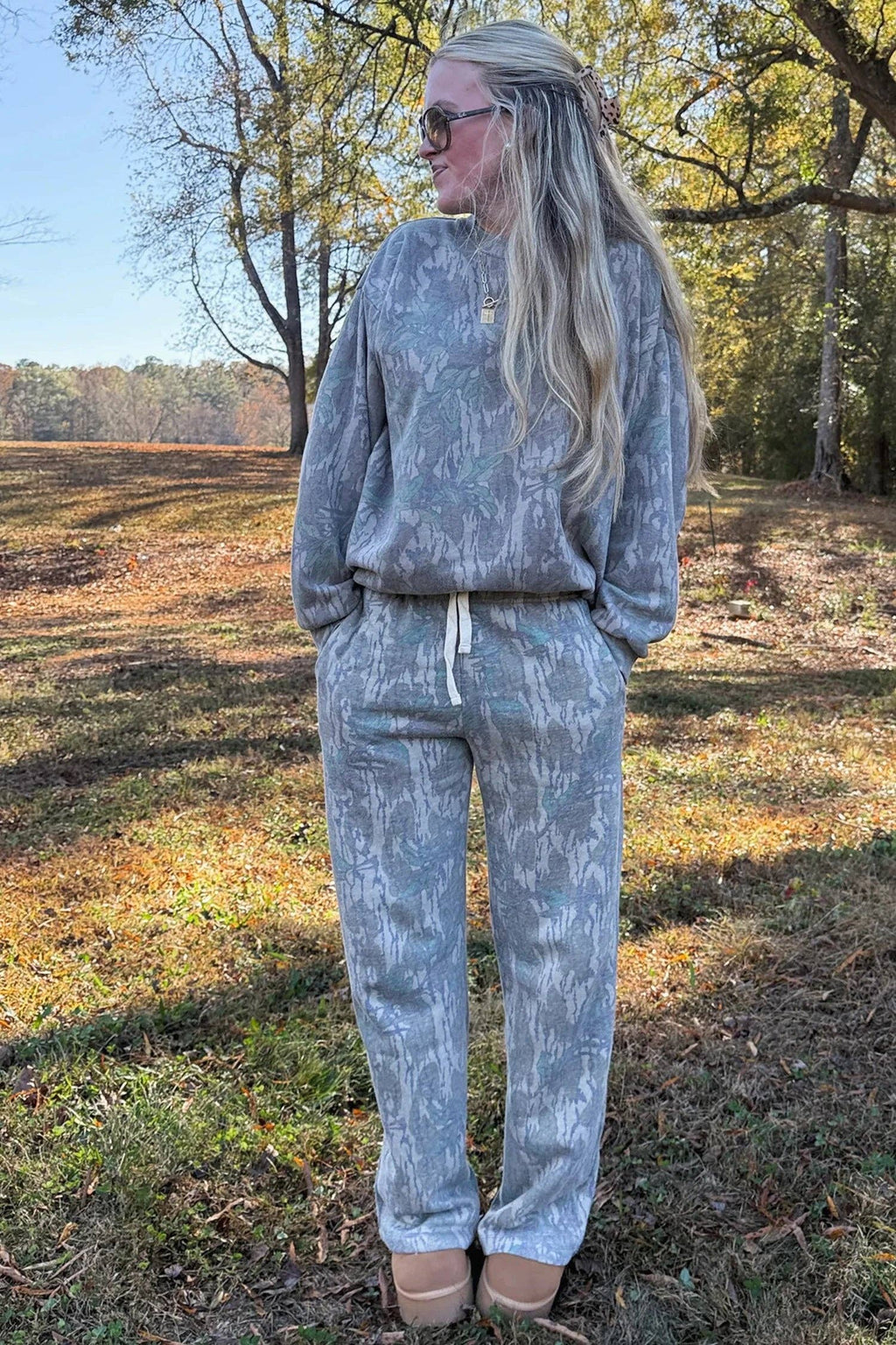 Camo Print Oversized Sweatshirt Pants Two Piece Set