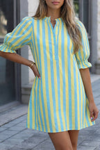Striped Half Button Puff Sleeve Loose Mini Dress