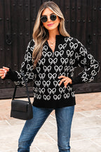 Black Cute Bow Pattern Drop Shoulder Zipped Collar Sweater