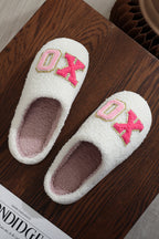 White XO XO Glitter Trim Letter Patched Plush House Slippers