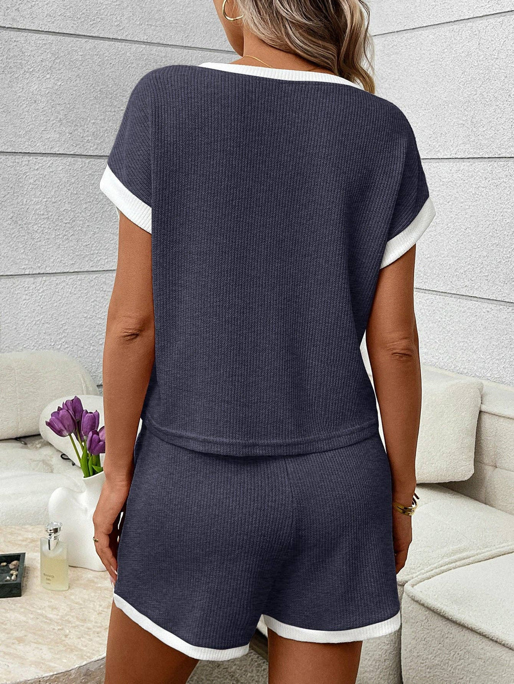 Pink Ribbed Lounge Set Contrast Trim Tee Top Shorts