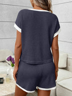 Pink Ribbed Lounge Set Contrast Trim Tee Top Shorts