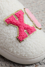 White XO XO Glitter Trim Letter Patched Plush House Slippers