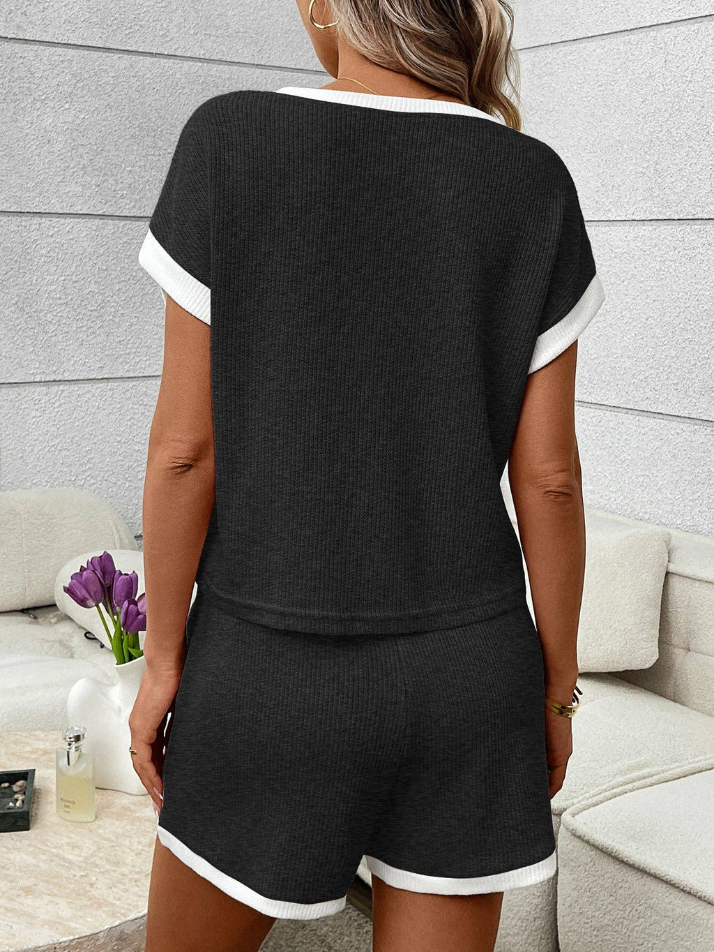 Pink Ribbed Lounge Set Contrast Trim Tee Top Shorts