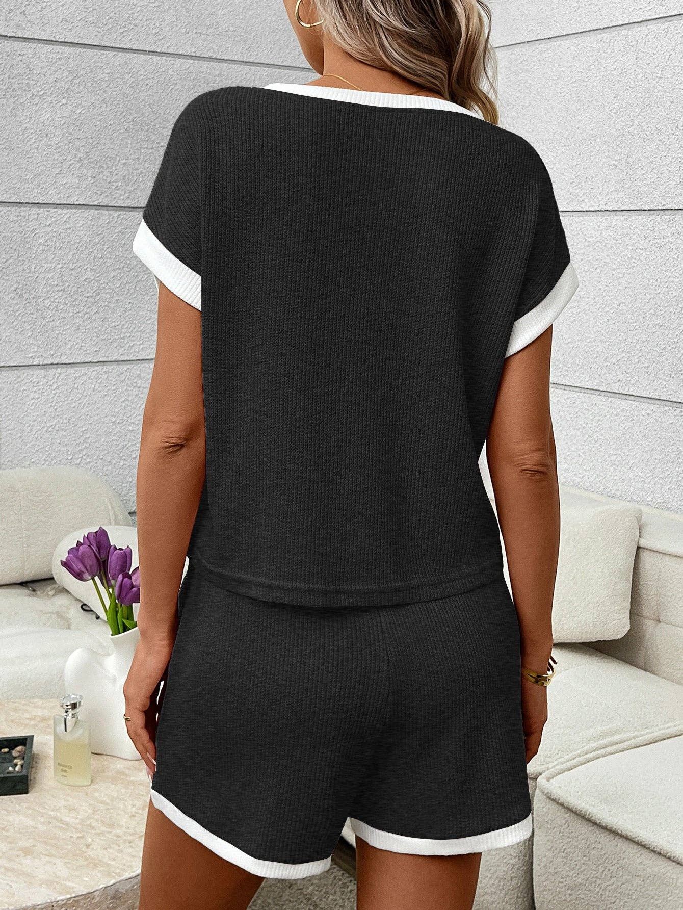 Pink Ribbed Lounge Set Contrast Trim Tee Top Shorts