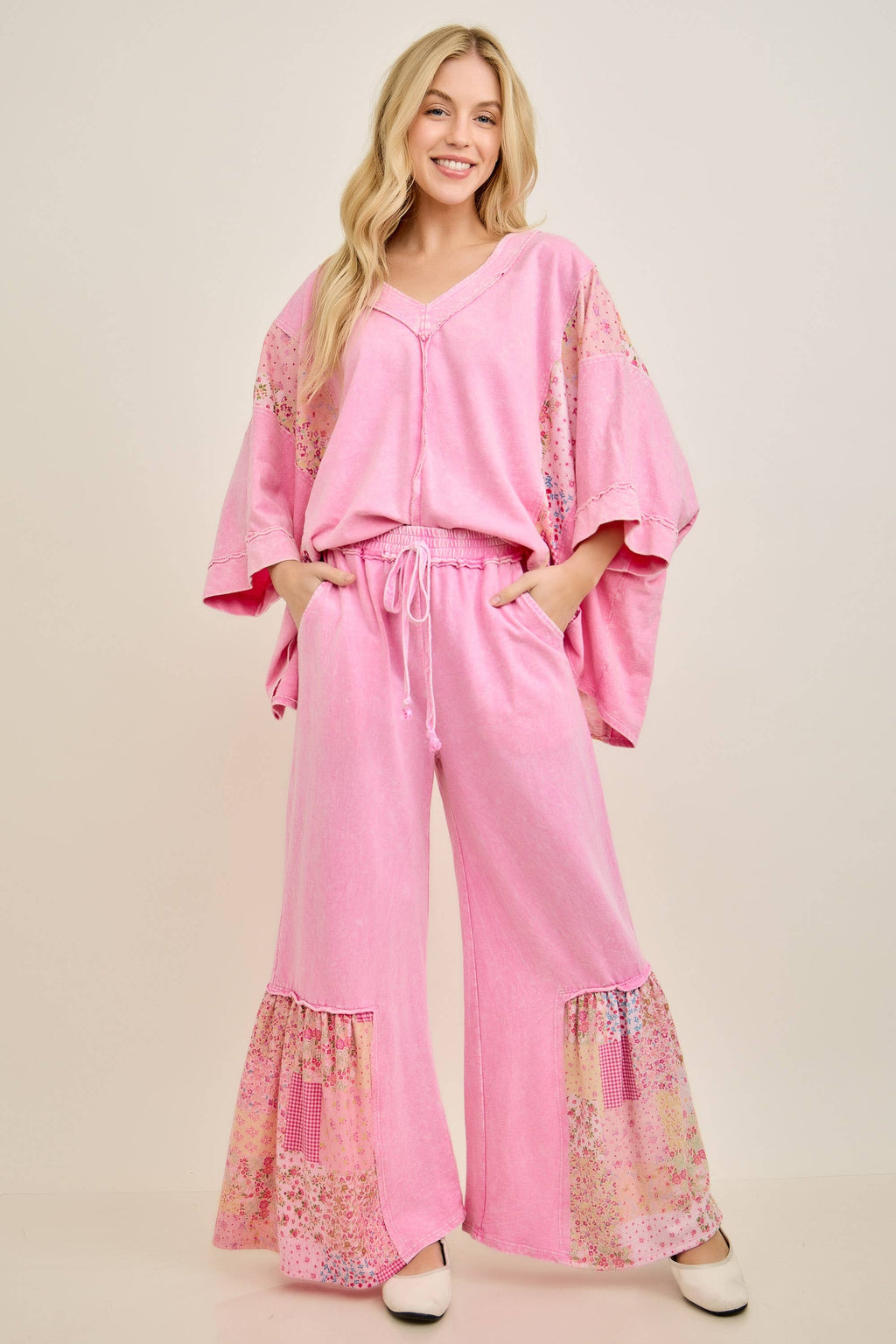 Mineral Washed Spring Picnic Print Ruffle Flare Pants HP7117