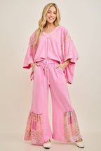 Mineral Washed Spring Picnic Print Ruffle Flare Pants HP7117