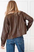 Chicory Coffee Double Flap Pocket Drawstring Hem Leather Jacket