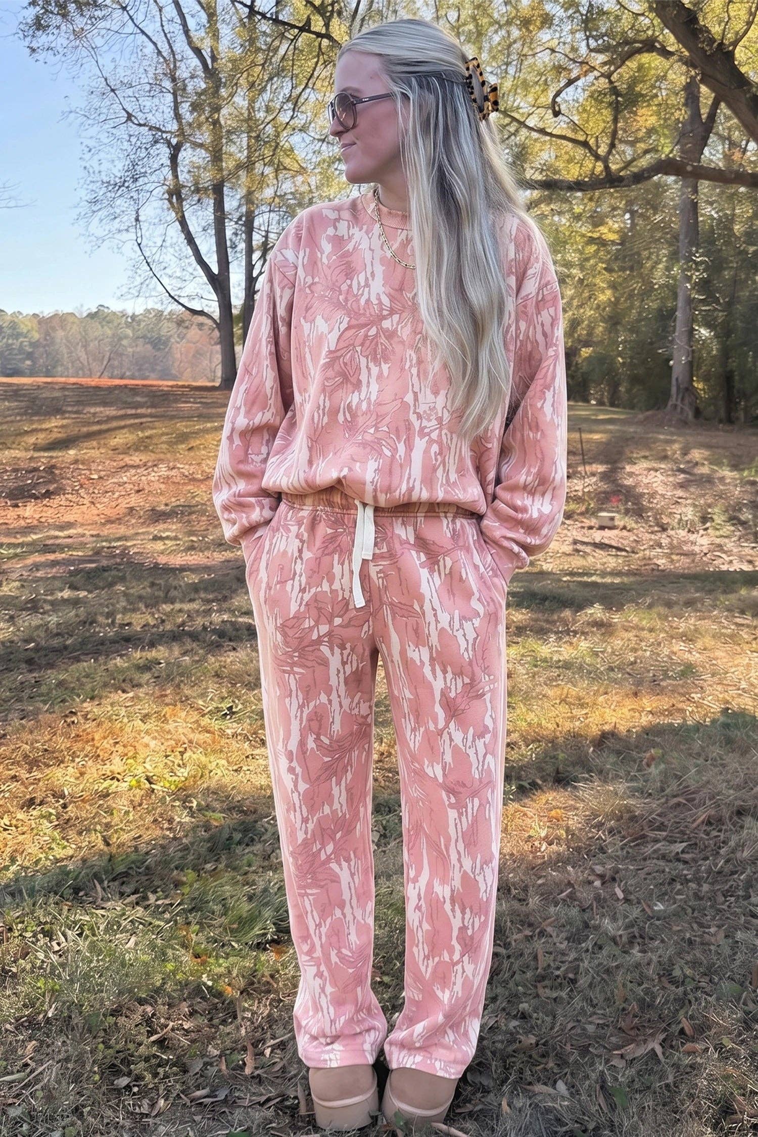 Camo Print Oversized Sweatshirt Pants Two Piece Set