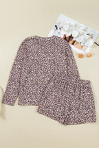 Khaki Leopard Ribbed Long Sleeve Top Drawstring Shorts 2pcs Outfit