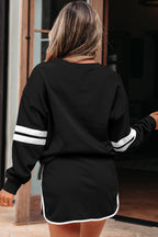 Black Varsity Stripe Detail Drop Shoulder Pullover Mini Skirt Set