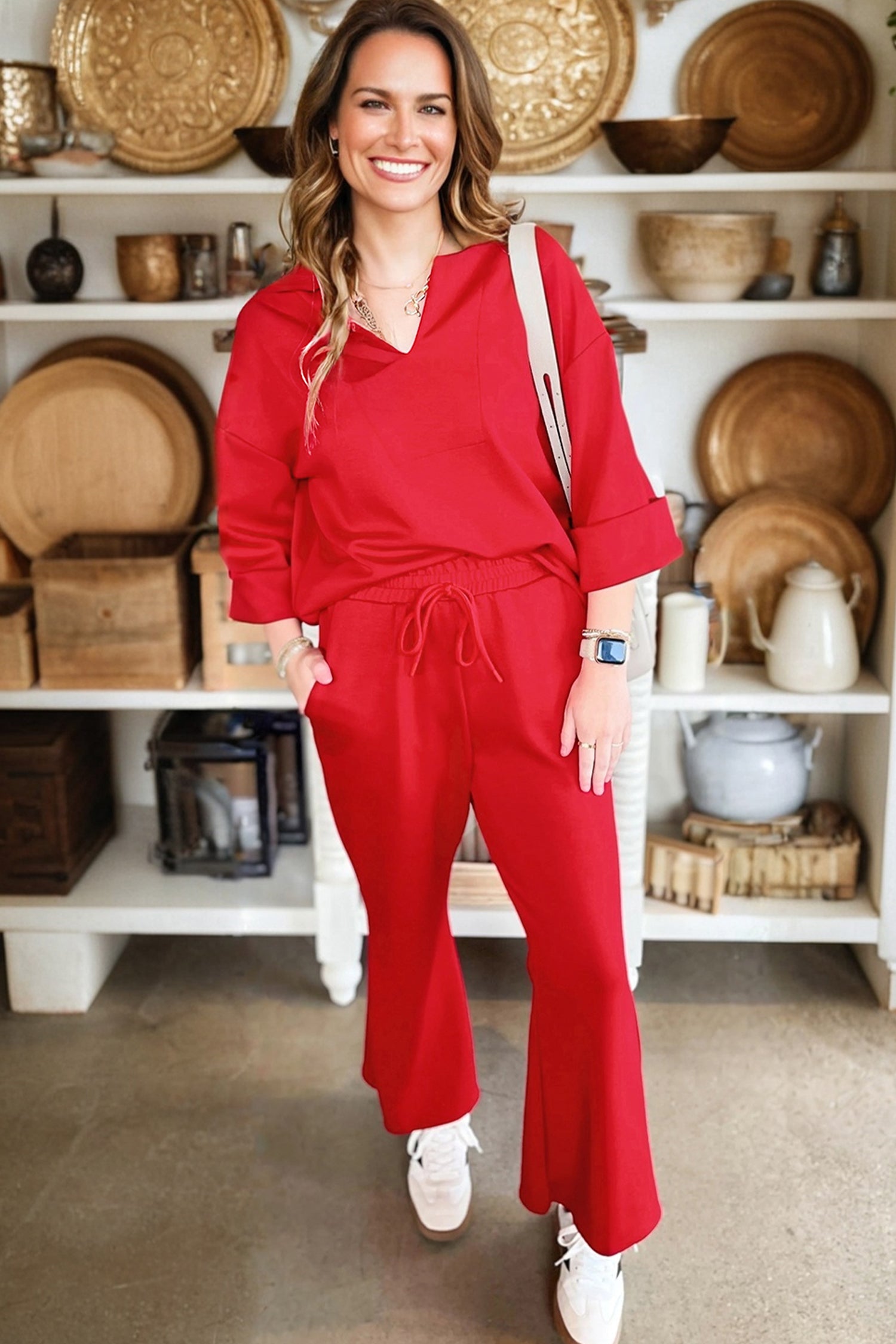 Fiery Red Polo Collar V Neck 3/4 Sleeve Pullover Drawstring Bell Bottom Pants 2pcs Set
