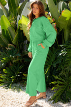 Bright Green Drop Shoulder Puff Sleeve Crop Pullover Drawstring Wide Leg Pants Set